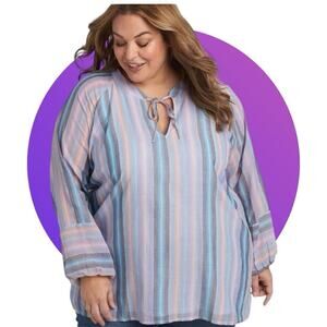 Lane Bryant 16 1X Plus Purple Blue Beach Stripe Boho Long Sleeve Blouse Top NWT